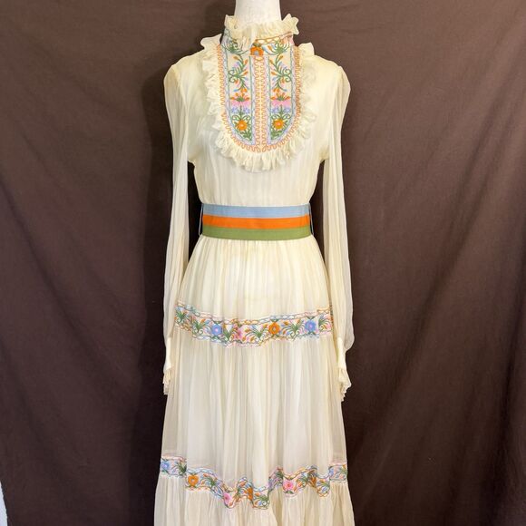 Hippie Dresses & Skirts - Vintage Prairie Maxi Dress S Embroidered Floral Sheer Sleeves Boho Cottagecore
